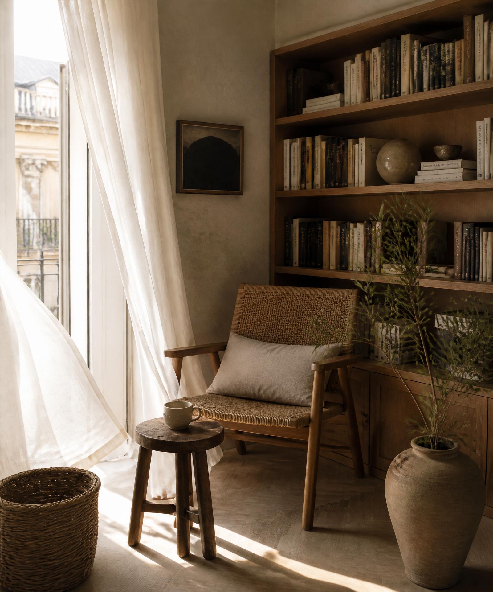Sunlit Mediterranean interior with stone arches and olive branches